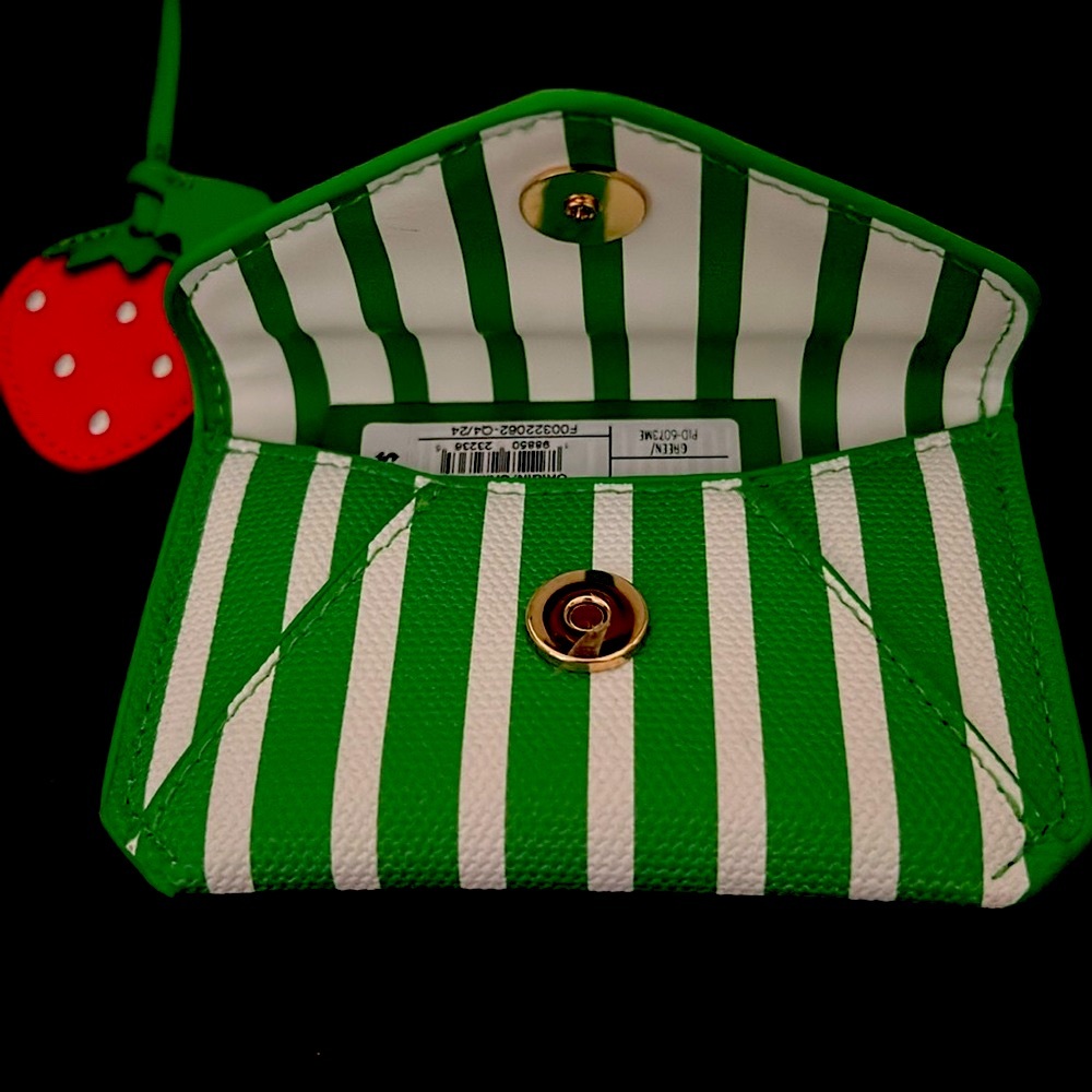 Kate Spade Green Striped wallet card holder with Strawberry Charm - Picture 2 of 7